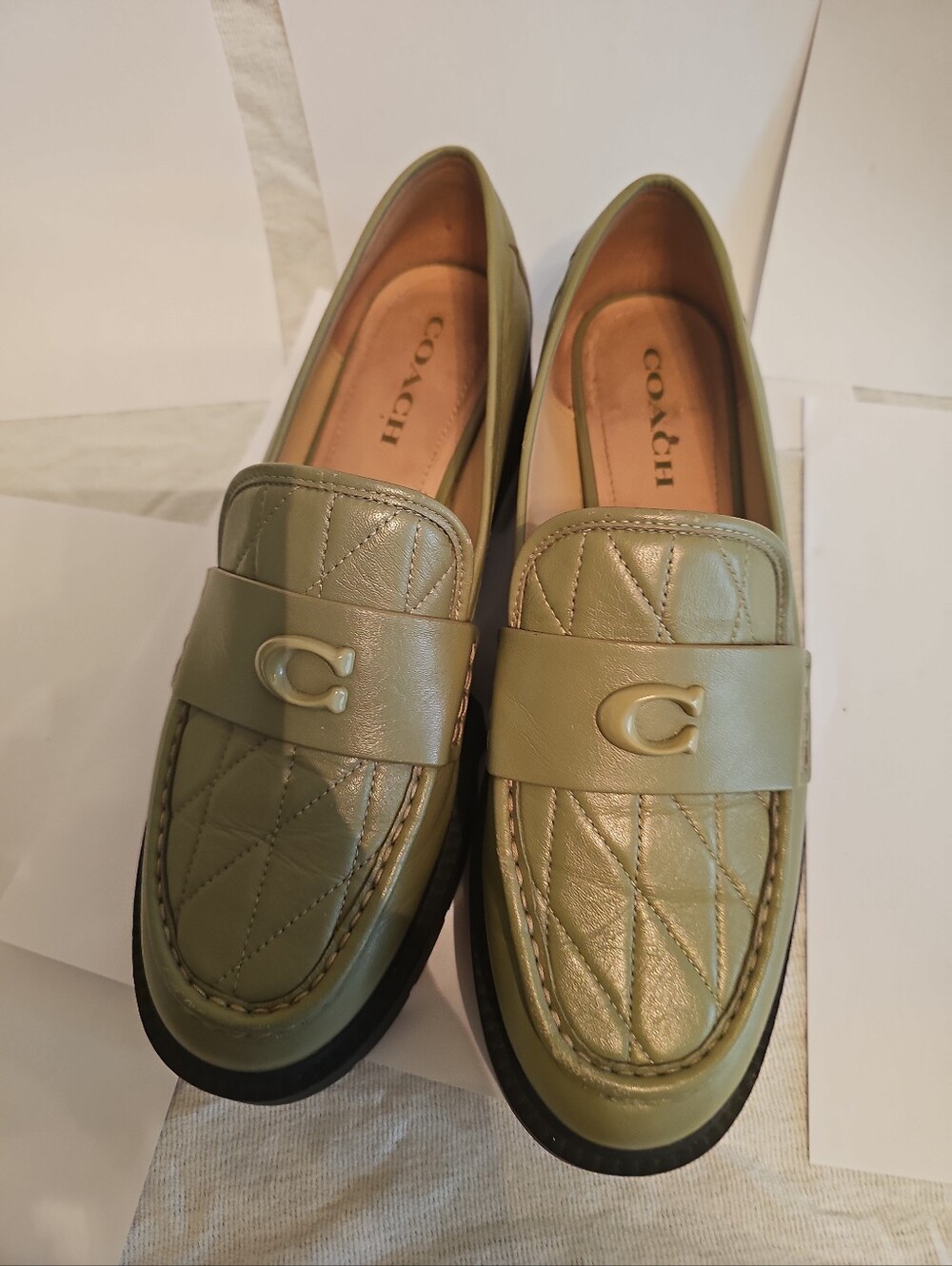 COACH Olive Green Quilted Leather Slip-On Loafers